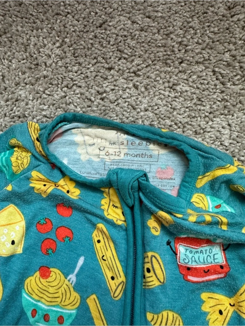 Little Sleepies Teal Footed One-Piece Pajamas with Yellow & Red Food Print